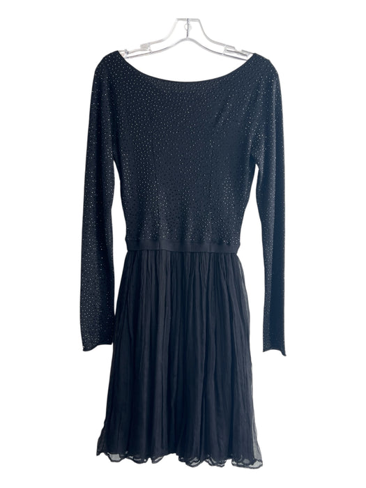 Alice + Olivia Size L Black Nylon & Silk Tulle Rhinestone Boat Neck Dress Black / L