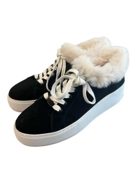 J Slides Shoe Size 8 Black & White Suede Faux Fur Trim Lace Up Low Top Shoes Black & White / 8