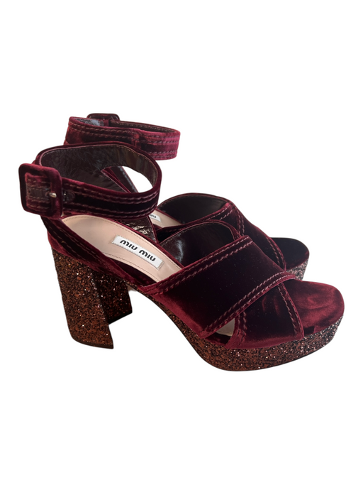Miu Miu Shoe Size 38 Burgandy Velvet Platform Glitter Open Toe & Heel Shoes Burgandy / 38