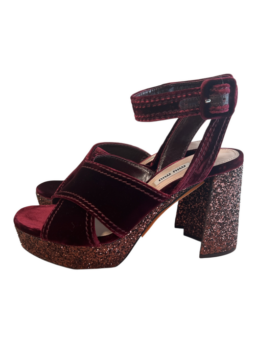 Miu Miu Shoe Size 38 Burgandy Velvet Platform Glitter Open Toe & Heel Shoes Burgandy / 38