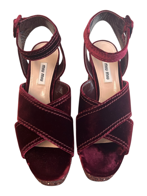 Miu Miu Shoe Size 38 Burgandy Velvet Platform Glitter Open Toe & Heel Shoes Burgandy / 38