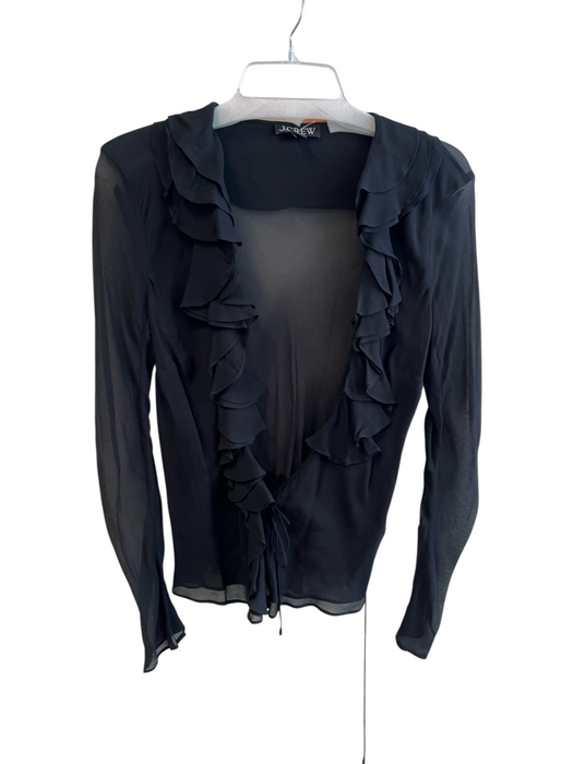 J Crew Size 6 Black Viscose Long Sleeve Sheer Ruffle Detail Tie at Waist Top Black / 6