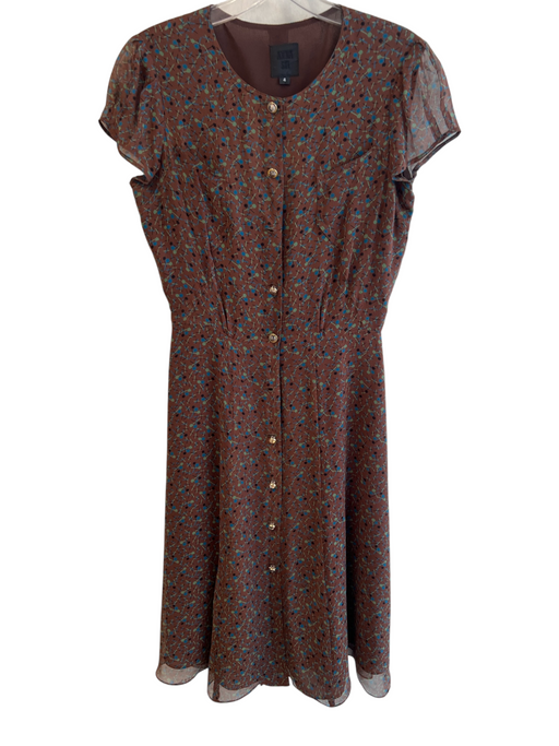 Anna Sui Size 4 Brown, Green & Blue Silk & Polyester All Over Print lined Dress Brown, Green & Blue / 4