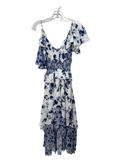Misa Size XS Blue & White Rayon Short Sleeve Floral Print Smocked Tiered Dress Blue & White / XS
