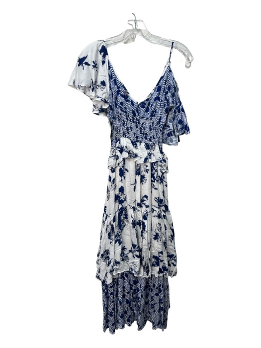 Misa Size XS Blue & White Rayon Short Sleeve Floral Print Smocked Tiered Dress Blue & White / XS