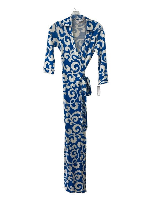 Diane Von Furstenberg Size 4 Blue & White Silk Abstract Floral Wrap Midi Dress Blue & White / 4