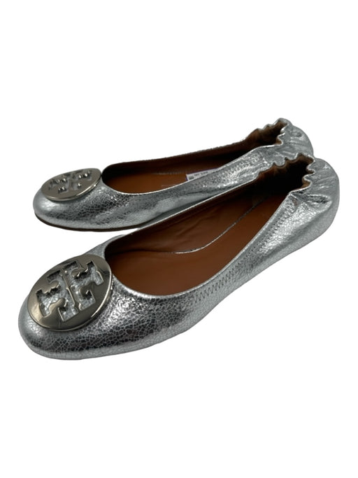 Tory Burch Shoe Size 9 Silver Leather Silver Logo Round Toe Elastic Heel Flats Silver / 9