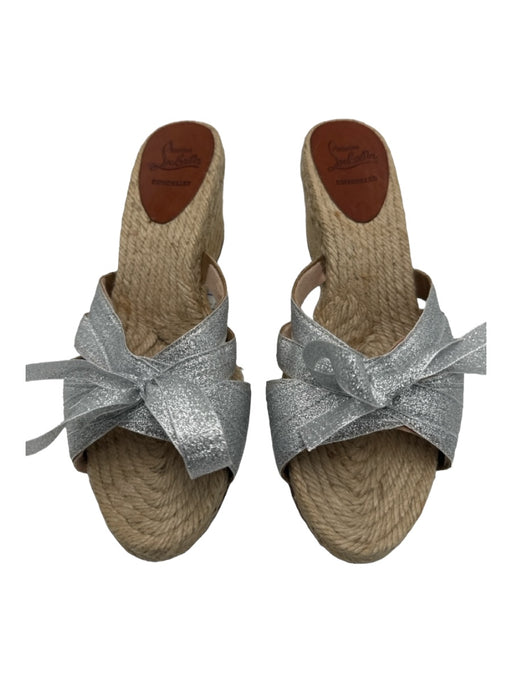 Christian Louboutin Shoe Size 39 Silver & Beige Ribbon & Raffia Sandal Wedges Silver & Beige / 39