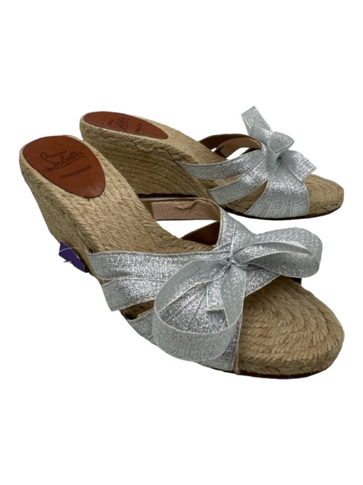 Christian Louboutin Shoe Size 39 Silver & Beige Ribbon & Raffia Sandal Wedges Silver & Beige / 39