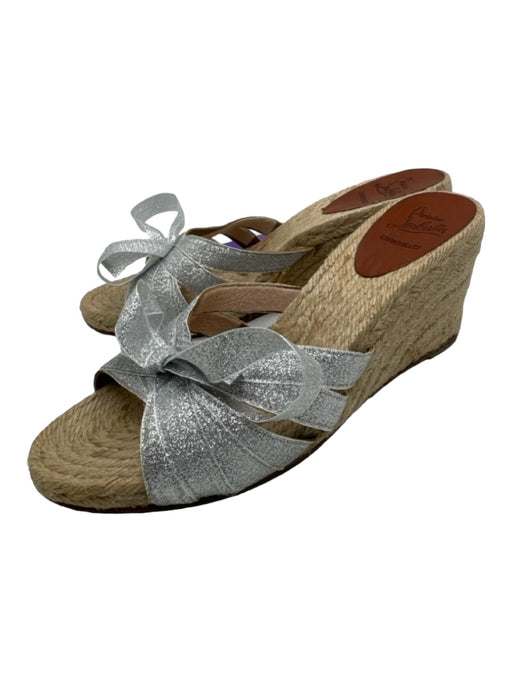 Christian Louboutin Shoe Size 39 Silver & Beige Ribbon & Raffia Sandal Wedges Silver & Beige / 39
