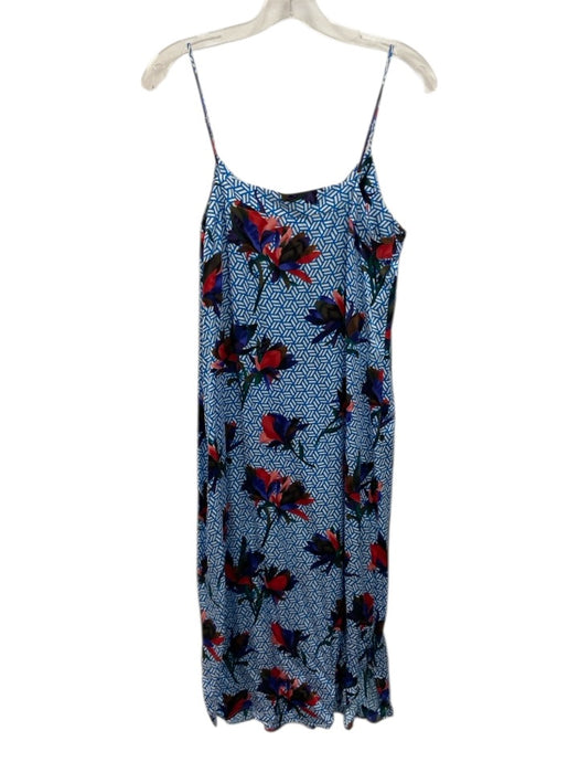 Equipment Femme Size M Blue, Red, Multi Silk Spaghetti Strap V Neck Midi Dress Blue, Red, Multi / M