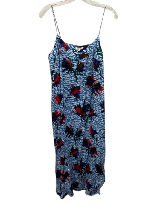 Equipment Femme Size M Blue, Red, Multi Silk Spaghetti Strap V Neck Midi Dress Blue, Red, Multi / M