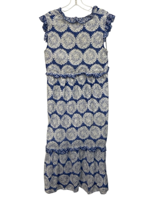Ro's Garden Size M Blue & White Cotton Sleeveless Floral Print V Neck Midi Dress Blue & White / M