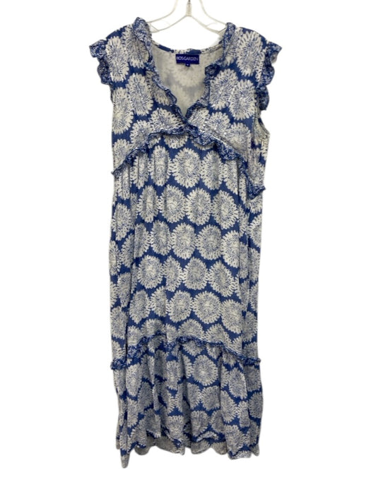 Ro's Garden Size M Blue & White Cotton Sleeveless Floral Print V Neck Midi Dress Blue & White / M