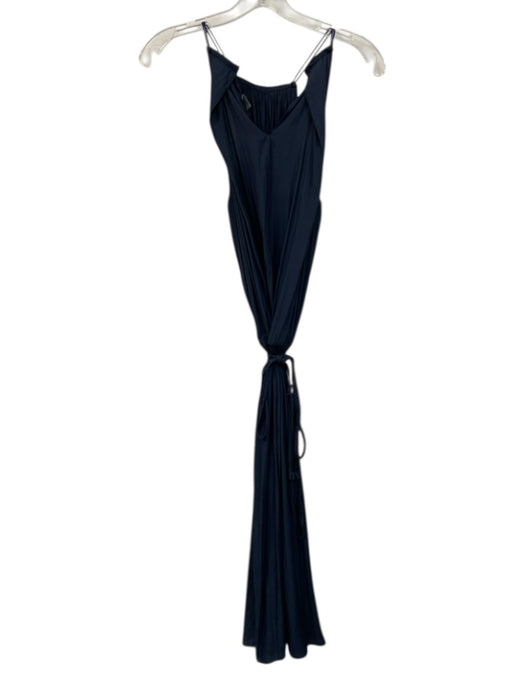 Ramy Brook Size M Navy Blue Polyester Satin Halter Top Gathered Midi Dress Navy Blue / M
