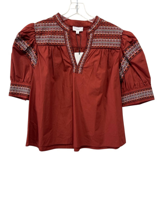 A Loves A Size L Clay Red Cotton Short Puff Sleeve Embroidered Detail V Neck Top Clay Red / L