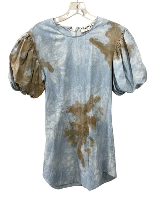 Shug! Size XS Blue & Brown Cotton Tie Dye Short Puff Sleeve Back Zip Dress Blue & Brown / XS