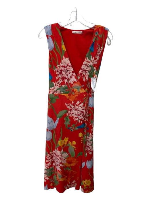 Alice Olivia Size 2 Red Print Silk Sleeveless Wrap Floral Midi Dress Labels Resale Boutique