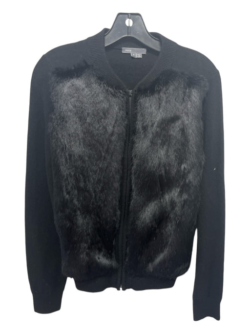 Vince Size S Black Yak & Wool Rabbit Fur Zip Front Long Sleeve Cardigan Black / S