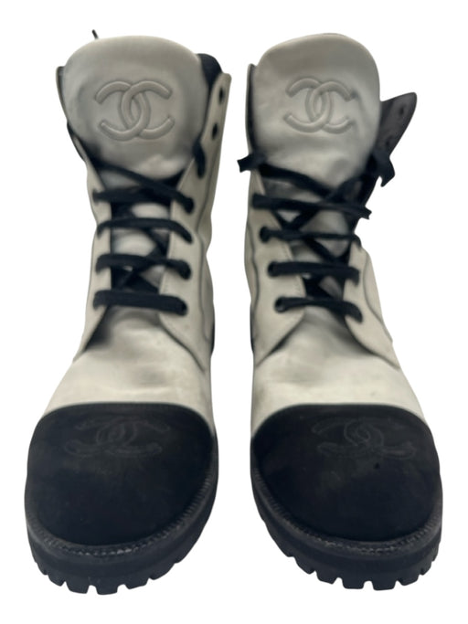 Chanel Shoe Size 9 White & Black Leather & Suede Stitched Logo Calf High Boots White & Black / 9