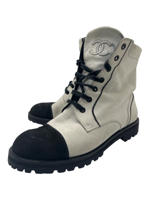 Chanel Shoe Size 9 White & Black Leather & Suede Stitched Logo Calf High Boots White & Black / 9