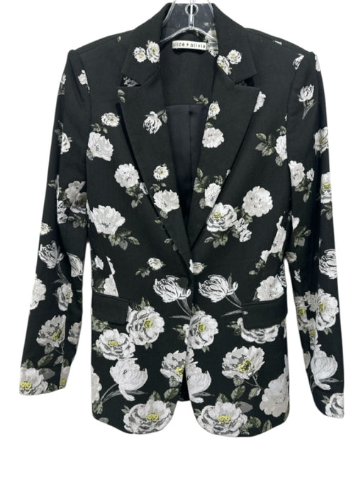 Alice + Olivia Size 4 Black, White, Green Cotton & Nylon Blazer Floral Jacket Black, White, Green / 4