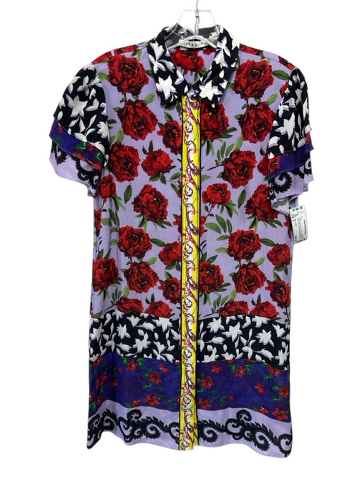 Alice + Olivia Size S Purple, Red, Green Cupro Mixed Floral Button Down Dress Purple, Red, Green / S