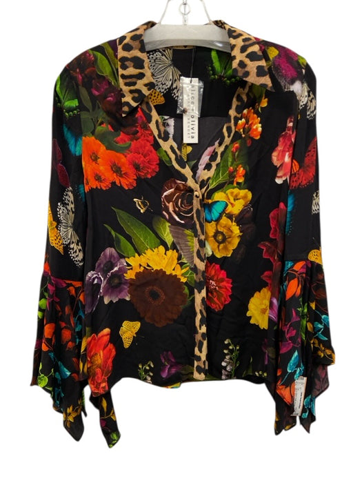 Alice + Olivia Size Small Black & Multi Viscose Long Sleeve Floral Leopard Top Black & Multi / Small