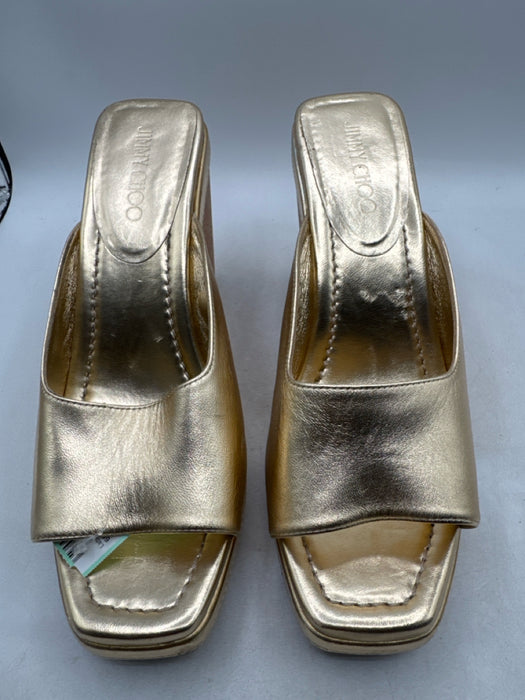 Jimmy Choo Shoe Size 41 Gold Leather Metallic Mule Cork Heel Platform Wedges