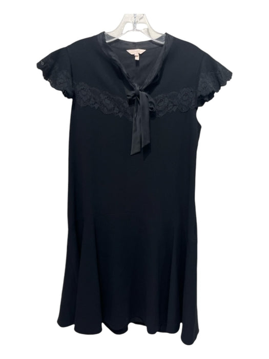 Rebecca Taylor Size 6 Black Triacetate Lace Detail Cap Sleeve Back Tie Dress Black / 6