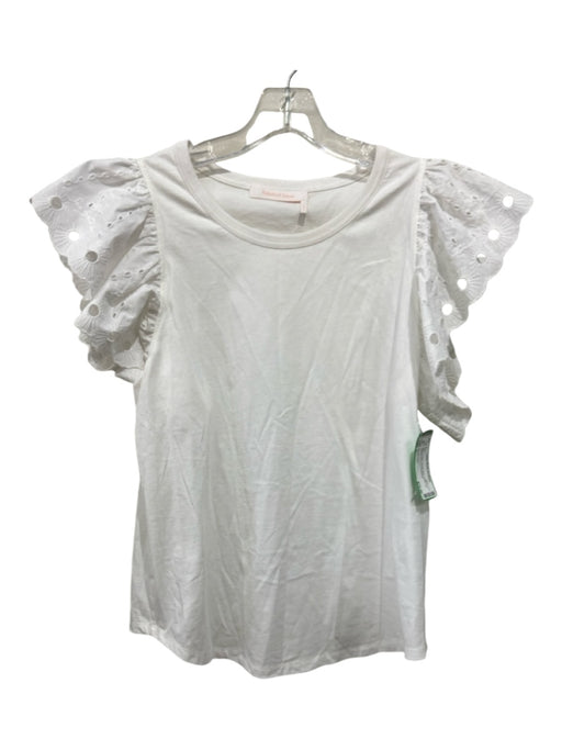 See By Chloe Size L White Cotton Scoop Neck Ruffle Cap Sleeve Laser Cut Top White / L