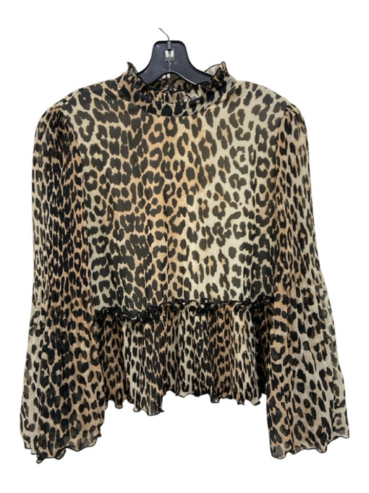 Ganni Size 42 Beige, Brown & Black Polyester Animal Print Long Bell Sleeve Top Beige, Brown & Black / 42