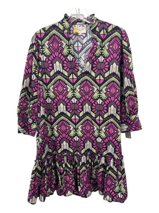Elizabeth James the Label Size XS Purple, Green & Black Cotton V Neck Dress Purple, Green & Black / XS