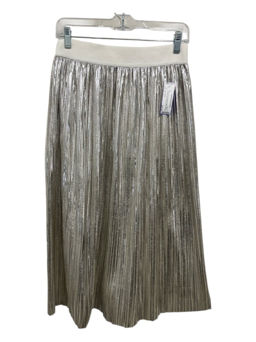 Alice & Olivia Size 8 White & Silver Polyester Elastic Waist Back Zip Midi Skirt White & Silver / 8