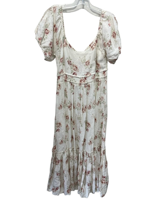 Love Shack Fancy Size 6 Cream, Pink, Green Linen Short Puff Sleeve Midi Dress Cream, Pink, Green / 6