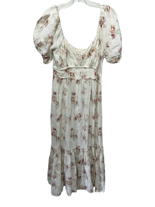 Love Shack Fancy Size 6 Cream, Pink, Green Linen Short Puff Sleeve Midi Dress Cream, Pink, Green / 6