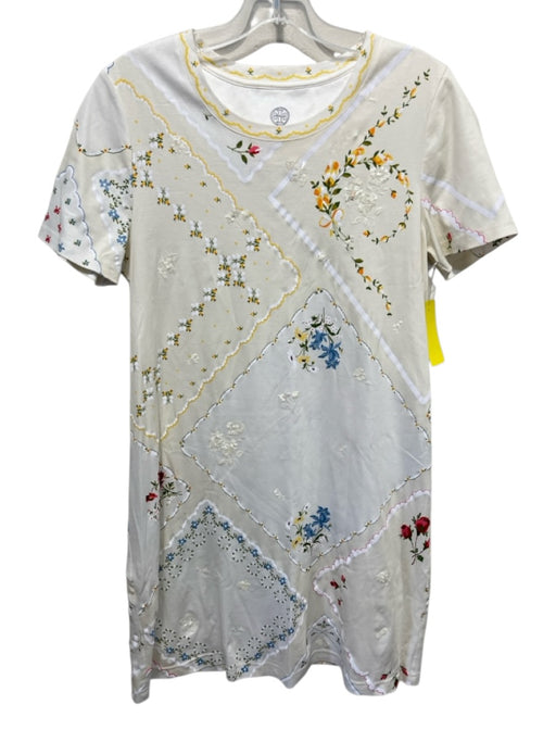 Tory Burch Size M Cream & Yellow Cotton Short Sleeve Floral Print Shirt Dress Cream & Yellow / M