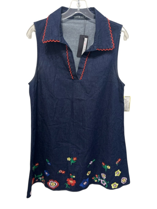 Maison Amani Size L Dark Wash Cotton Denim Sleeveless Floral Embroidery Dress Dark Wash / L
