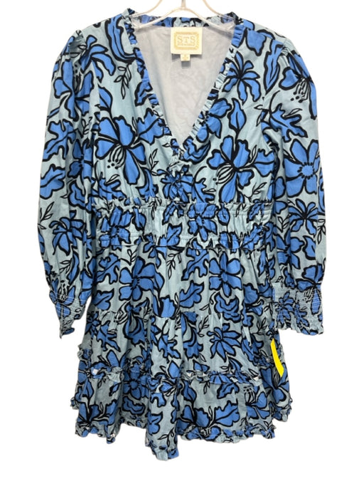 STS Sail to Sable Size M Blue & Black Cotton Long puff sleeve V Neck Mini Dress Blue & Black / M