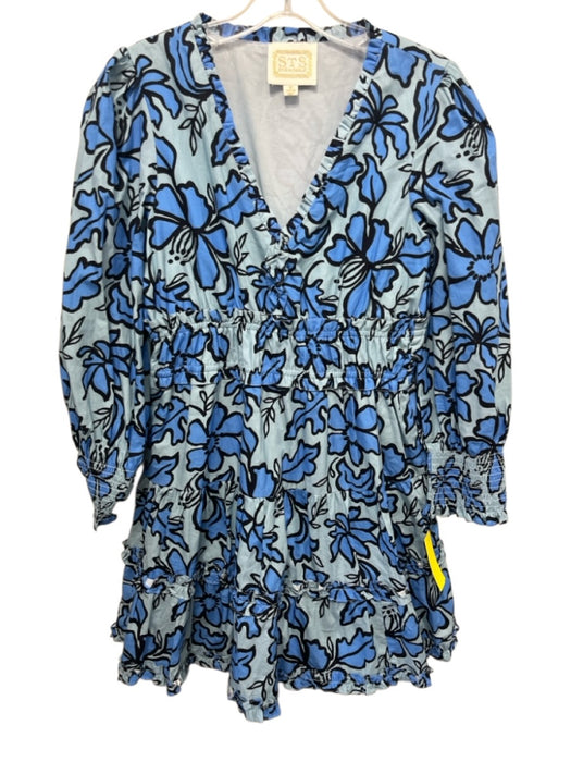 STS Sail to Sable Size M Blue & Black Cotton Long puff sleeve V Neck Mini Dress Blue & Black / M
