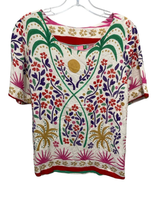 Farm Size M Green, Purple, Multi Short Sleeve Abstract Print Wide Neck Top Green, Purple, Multi / M