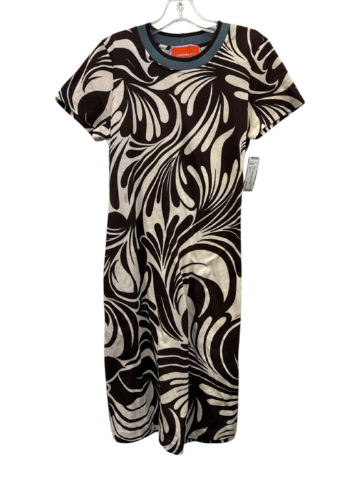 La Double J Size M Brown & Cream Cotton Abstract Short Sleeve Knee length Dress Brown & Cream / M