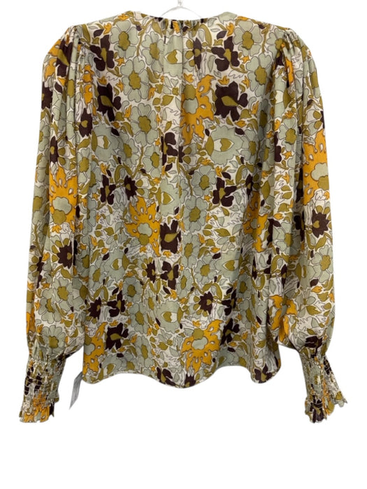 Rebecca Taylor Size S Green, Yellow, Brown Polyester shirred detail Tie Neck Top Green, Yellow, Brown / S