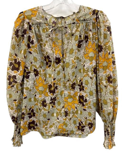 Rebecca Taylor Size S Green, Yellow, Brown Polyester shirred detail Tie Neck Top Green, Yellow, Brown / S