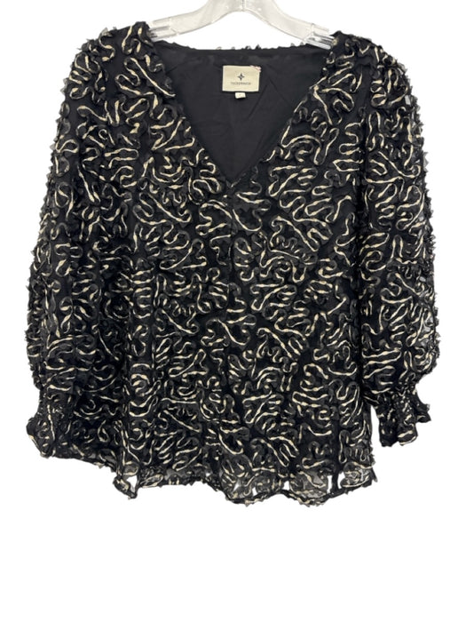 Tuckernuck Size S Black & Silver Polyester Metallic Thread Applique V Neck Top Black & Silver / S