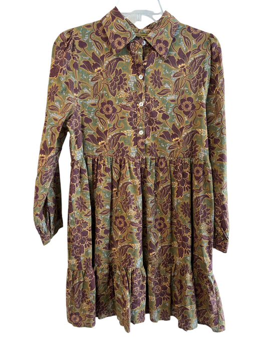 Ro's Garden Size Small Green & Maroon Cotton Floral lined Long Sleeve Dress Green & Maroon / Small