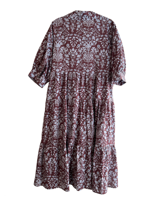 Entro Size Small Brown & Blue Cotton V Neck Floral Half Puff Sleeves Dress Brown & Blue / Small