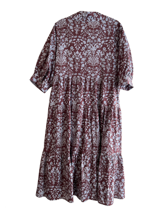 Entro Size Small Brown & Blue Cotton V Neck Floral Half Puff Sleeves Dress Brown & Blue / Small