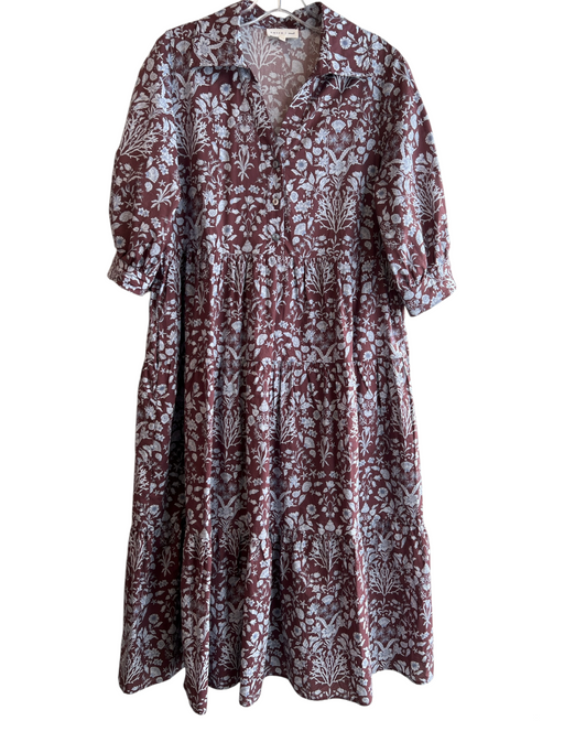 Entro Size Small Brown & Blue Cotton V Neck Floral Half Puff Sleeves Dress Brown & Blue / Small