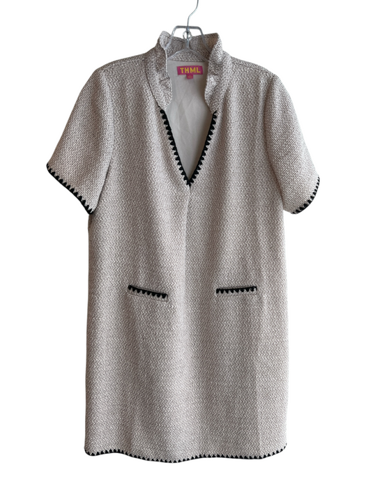 THML Size Large Oatmeal & Black Polyester Blend Lined Short Sleeve Tweed Dress Oatmeal & Black / Large